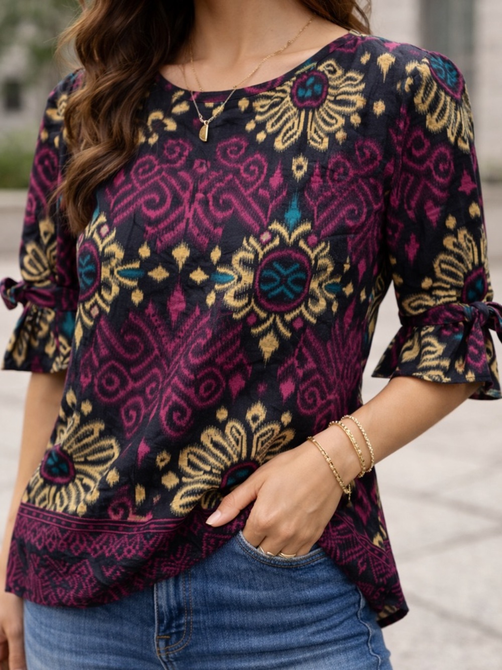 Batik Haloo Lina Collection Floral Batik Blouse Boho Tie Sleeve Top Medium